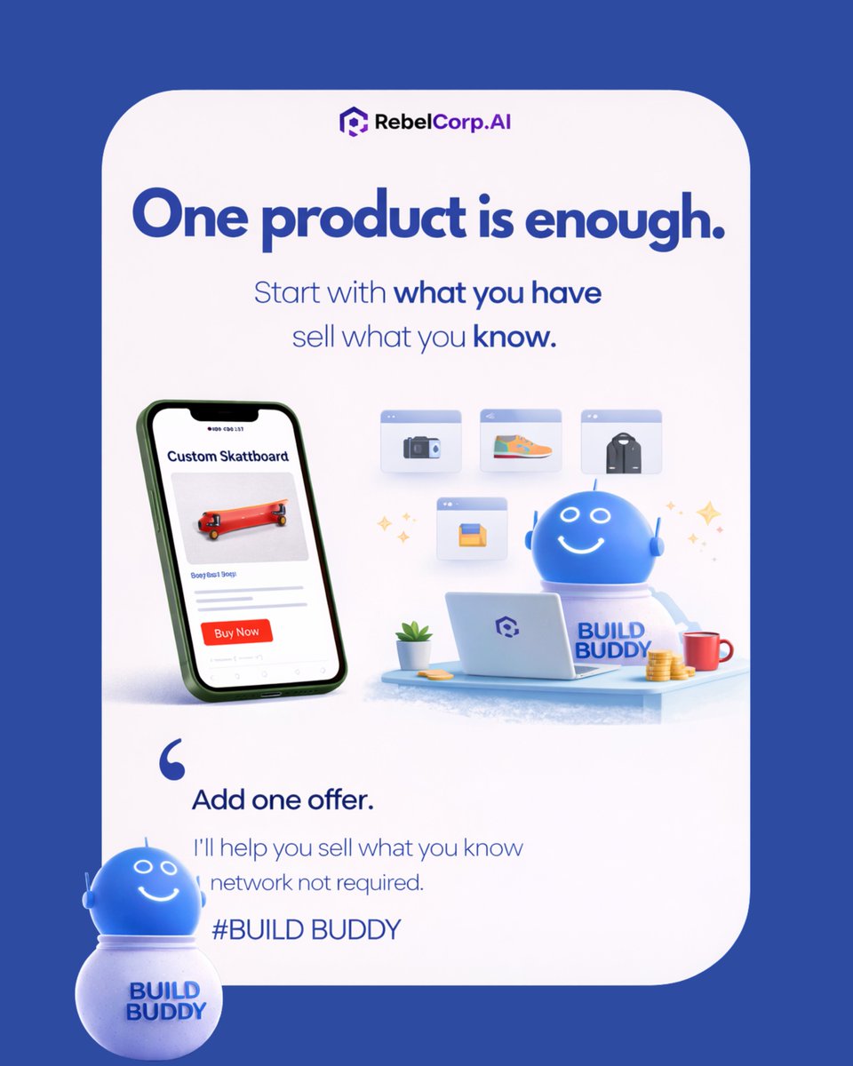 RebelCorp_'s tweet photo. You don’t need a huge catalog to start selling online.
Sometimes, one good product is enough to begin.

Build Buddy helps you turn what you already know into something people can discover, trust, and buy online.

Powered by @rebelcorp.in, the no code website builder that makes it easy to launch your first offer without the stress of coding or complex setups.

Start with one product. One idea. One step forward.

#startselling #BuildBuddy #OnlineStore #Ecommerce #FirstSale