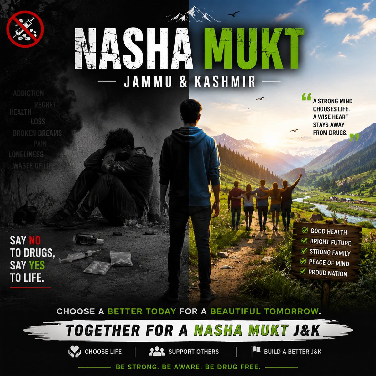 JkSlca's tweet photo. Drugs don’t destroy only one life — they destroy dreams, families, peace, and the future. Choose strength over addiction. Choose life over temporary escape. A better Jammu &amp; Kashmir begins with aware and fearless youth.  Say NO to Drugs. Say YES to Life. ✨💚  #SayNoToDrugs https://t.co/MzsXlkabwh