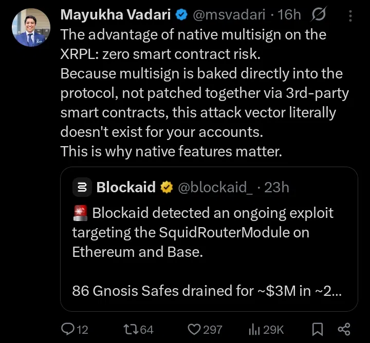 BankXRP's tweet photo. XRPL's multisign isn't a smart contract patch it's built directly into the protocol itself 🔥

while 86 Gnosis Safes just got drained for $3M on ETH and Base via a 3rd-party exploit… that attack vector literally doesn't exist on XRPL 🛡️

native features aren't a flex they're the difference between safe and drained $XRP