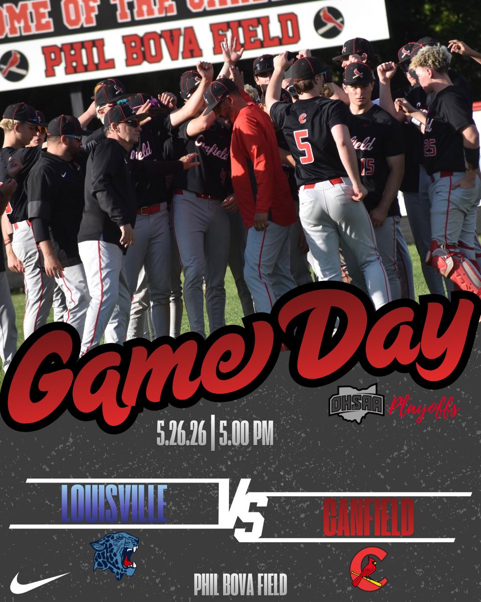 canfieldbasebal's tweet photo. Cards host the Louisville Leopards tonight at Phil Bova Field in the OHSAA district semifinal. 

First pitch is set for 5 pm https://t.co/Hj3H6DaBrI