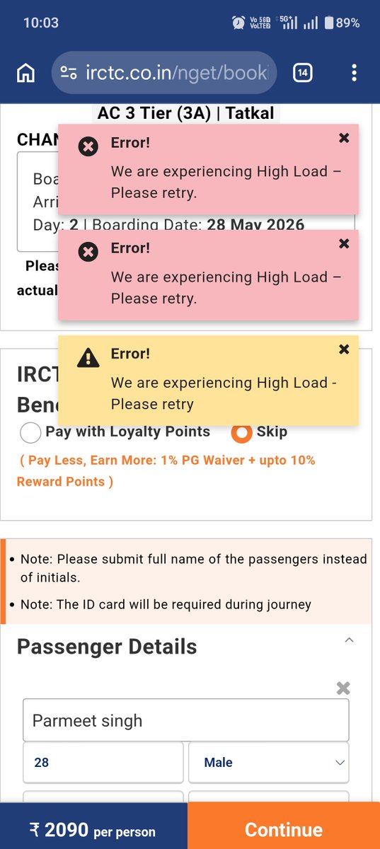 Ren_voyer's tweet photo. Tatkal booking on IRCTC has become frustrating. The website overloads every single morning right at booking time, while agents and bots seem to book instantly. Common ppl suffer the most. fix the system @IRCTCofficial #IRCTCTatkal #IndianRailways #irctc #tatkal https://t.co/2RvaIkr6tQ