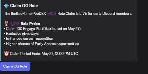 lacacrypto's tweet photo. ☄️ Săn airdrop @popdex_ - Nhận OG role

🍁 Raised 30M$. 

🔻 Hiện Popdex đang phân phối OG role cho người dùng sớm
🔻 End: 12h UTC 27/5

✅ Join discord
👉 Verify & truy cập kênh "claim og role" - claim
👉 Quyền lợi OG role:
- Nhận 100 Engage Points (sau này qui đổi thành airdrop)
- Nhận suất tham gia  Giveaway  độc quyền
- Quyền truy cập sớm các tính năng xịn

‼️ Khả năng sắp tới sẽ mở trade trét nhận point nữa. Nên AE muốn săn thì giờ join sớm, nhận 100 point mà không mất fee gì