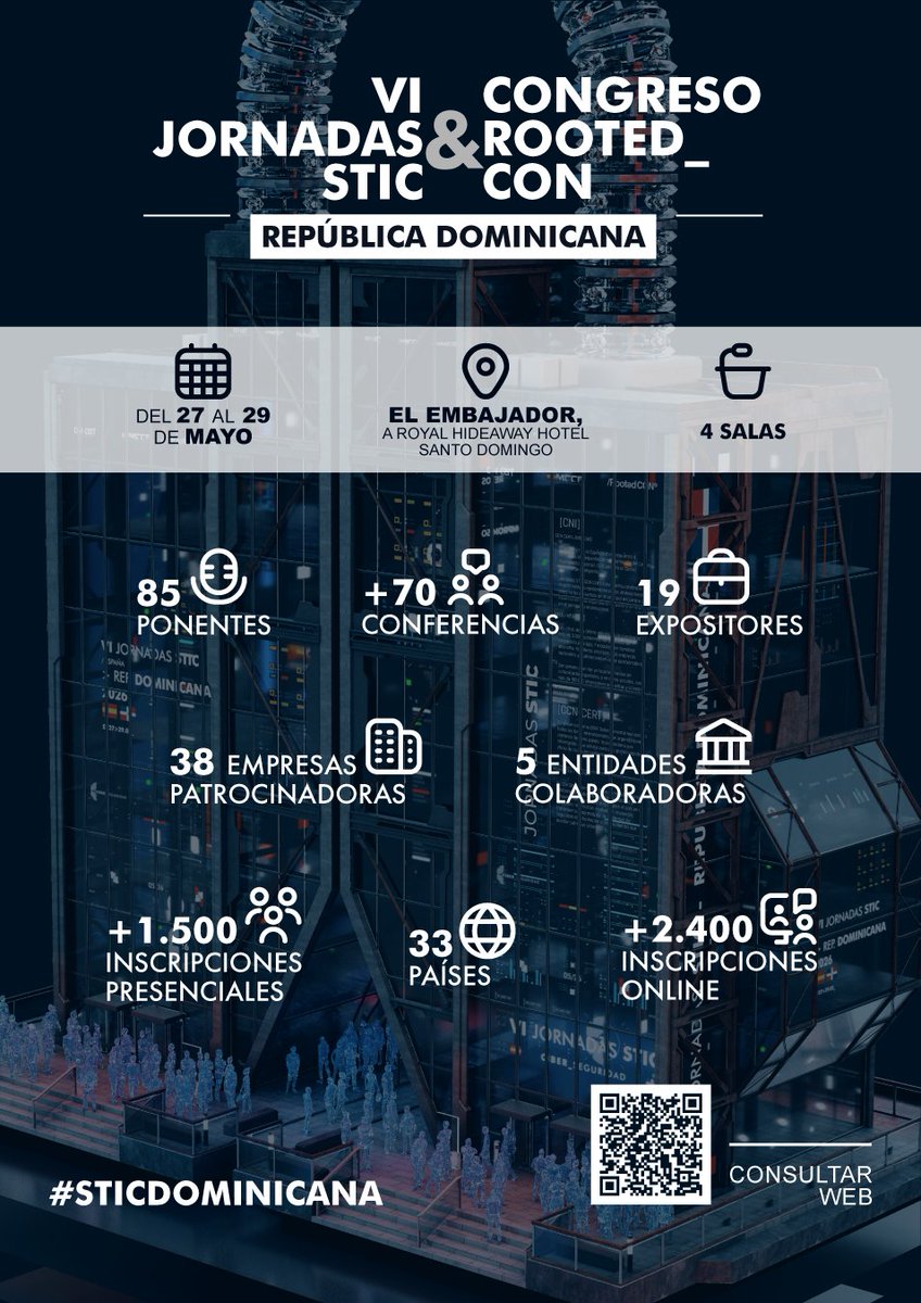 CCNCERT's tweet photo. 🛡️Santo Domingo acoge desde mañana las VI Jornadas STIC &amp; Congreso RootedCON República Dominicana, bajo el lema “Un escudo digital contra las ciberamenazas”

#STICDOMINICANA #RootedCON #Ciberseguridad

Más info👉 https://t.co/ovXJhqS6FB https://t.co/d4qGx2IryH