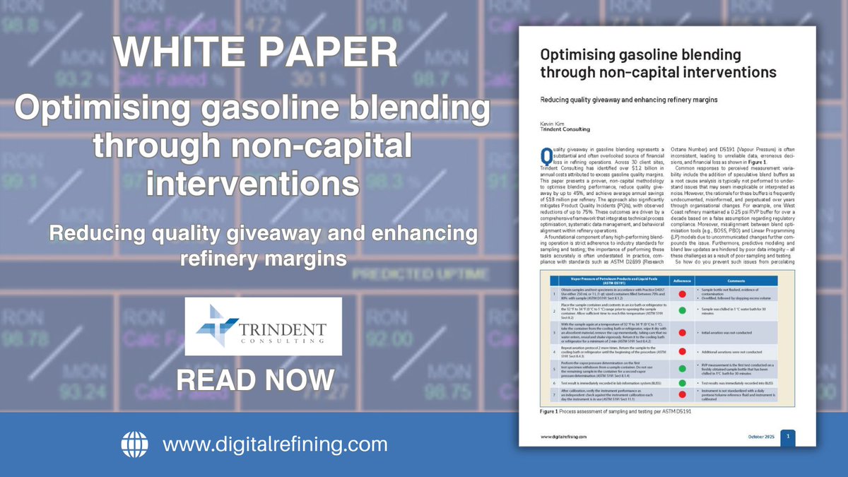DigitalRefining's tweet photo. 📝#WHITEPAPER: Optimising gasoline blending through non-capital interventions, @trindent . Reducing quality giveaway and enhancing refinery margins. Quality giveaway in gasoline blending represents a substantial and overlooked source of financial loss -  https://t.co/eB3fcRMWg7 https://t.co/cxWPEPPGwh