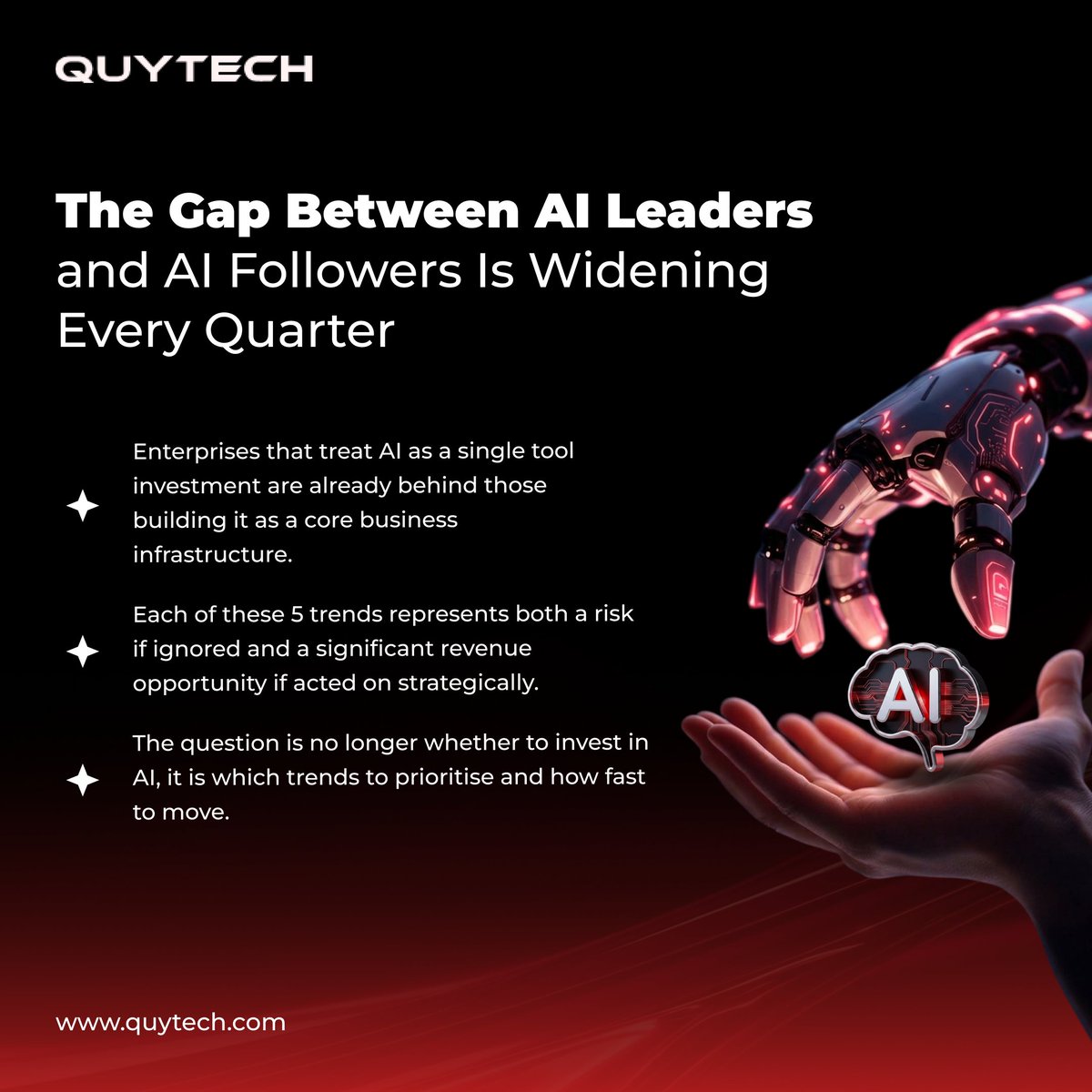 Quytech's tweet photo. Part - 2 , AI is now a competitive advantage, not a future discussion. From #AgenticAI to #QuantumAI, discover the 5 AI trends reshaping enterprise growth in 2026. Which trend is your business prioritising? #EnterpriseAI #Quytech https://t.co/QRP3u4U8Co