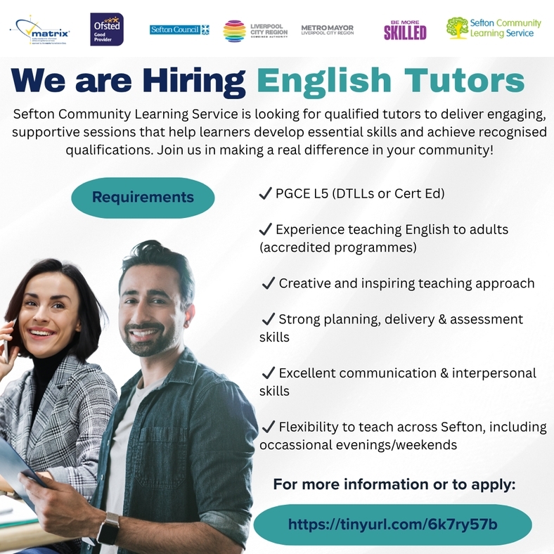 LearnWorkSefton's tweet photo. We are Hiring!

Are you passionate about helping others learn and grow?

This is a fantastic opportunity to make a real impact by supporting learners to build confidence, develop essential skills, and achieve their goals.

Apply here: https://t.co/Pq1RyItmVy https://t.co/ApDa1qOxSi