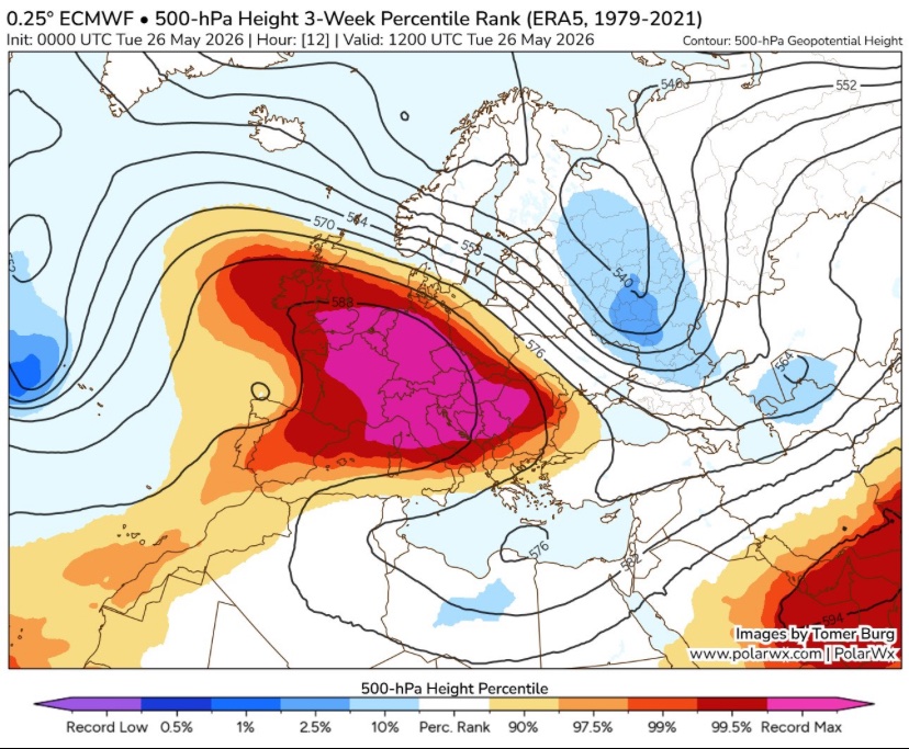 Thom_Wx's tweet photo. L'épisode de #chaleur de ces jours dans le sud-ouest de l'Europe est extraordinaire, tant pour les températures enregistrées (nous sommes encore en mai) que pour la persistance de l'événement.🥵

À mon avis, on peut parler d'une vague de chaleur à tous égards, même en Espagne. https://t.co/wxvy0E10jI