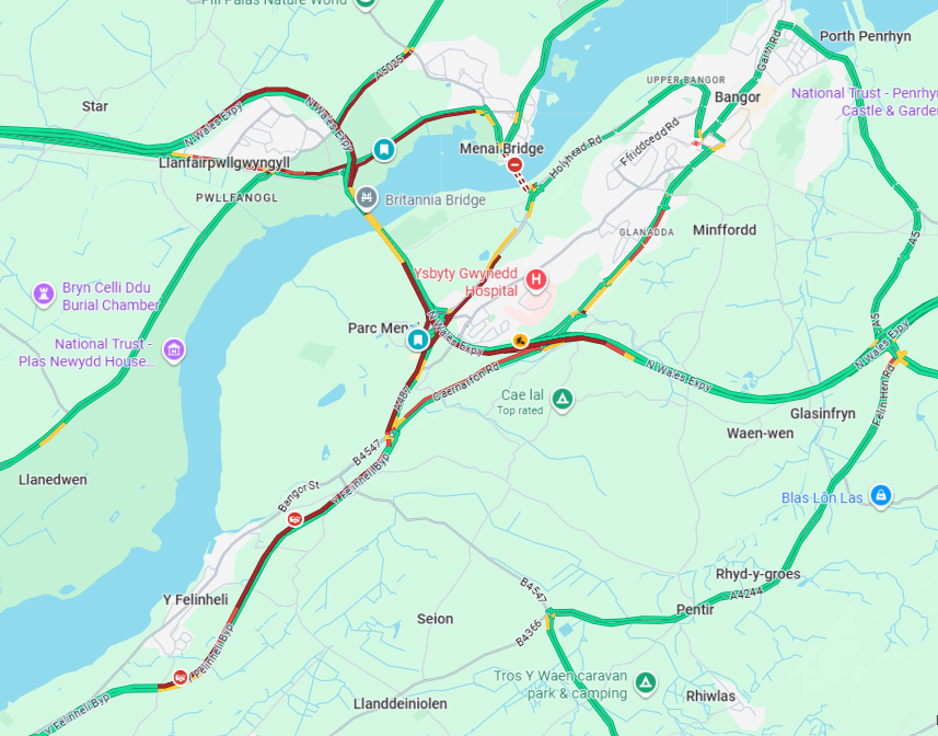 TrafficWalesN's tweet photo. #A5 Menai Suspension Bridge has now reopened in both directions. 

⌚️Congestion in all surrounding areas | Expect delays if you're travelling. https://t.co/42O4xVYmbw