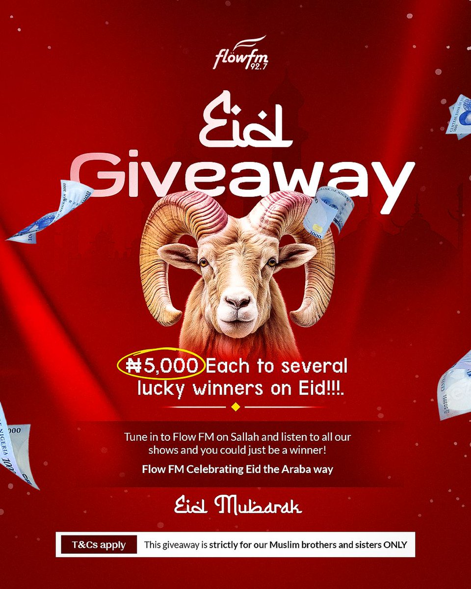 BabaH33707's tweet photo. Flow @FlowFm92.7 Eid Giveaway

₦5,000 each to several lucky winners on Eid!!!

Tune in to Flow FM on Sallah and listen to all our shows and you could just be a winner!

FlowFM 92.7 Celebrating Eid the Araba way 

EID Mubarak https://t.co/n8HRVZulVL