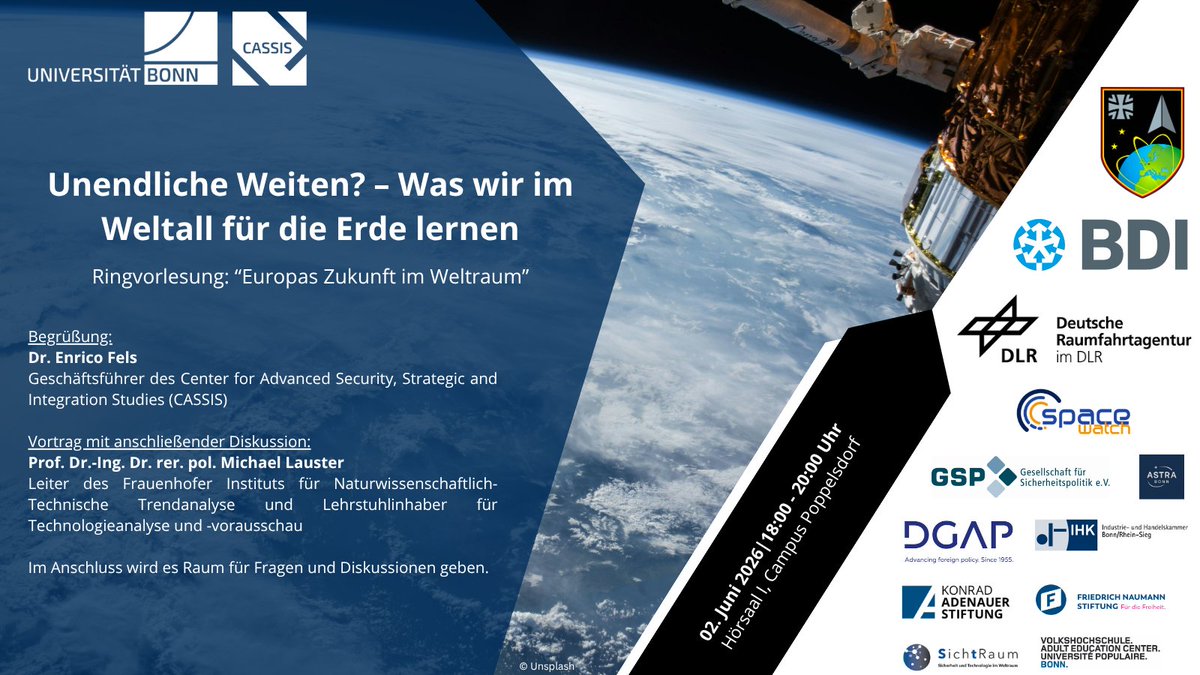 CASSIS_Bonn's tweet photo. 🗓02.06. | 18:00-20:00 Uhr | Hörsaal 1, Campus Poppelsdorf 
Veranstaltung „Unendliche Weiten? – Was wir im Weltall für die Erde lernen“ mit Prof. Dr. Dr. Michael Lauster  (@RWTH) zu Forschungsprojekten im und für den Weltraum.
Infos: https://t.co/f6lpe3d6Ic https://t.co/OmVuc8bzTm