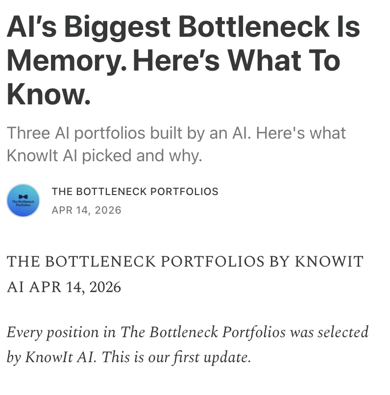 TheBottlenecks's tweet photo. If you read this post by @KnowItAIApp on 4/14/26 about why memory stocks matter...

Congratulations 🎉 

The thesis was simple:   AI needs memory, and the market was sleeping on it.

$MU 
$DRAM 
$EWY
$WDC
$STX
$SNDK 

❤️ @JoinAutopilot https://t.co/7MFTcRjGAS