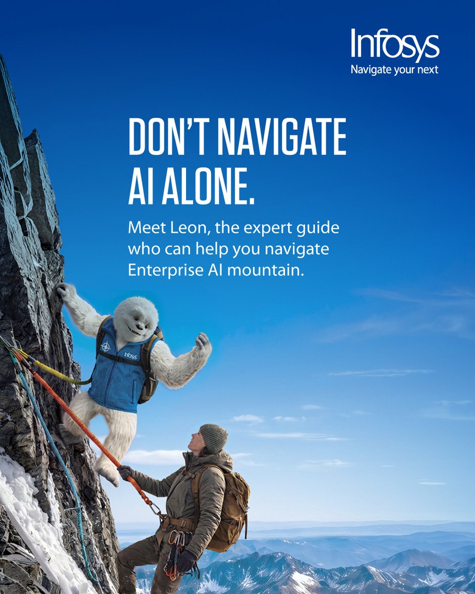 LifeAtInfy's tweet photo. Enterprise AI is a mountain where you can easily lose your way. Not anymore. Meet the expert guide who knows every inch of the terrain. He helps global business leaders navigate data, processes, and systems, and shows them how it all connects. #Leon is here to help you unlock AI value. 

Know more - https://t.co/HQ7rl6j3Oz

#NavigateYourNext #DontNavigateAIAlone