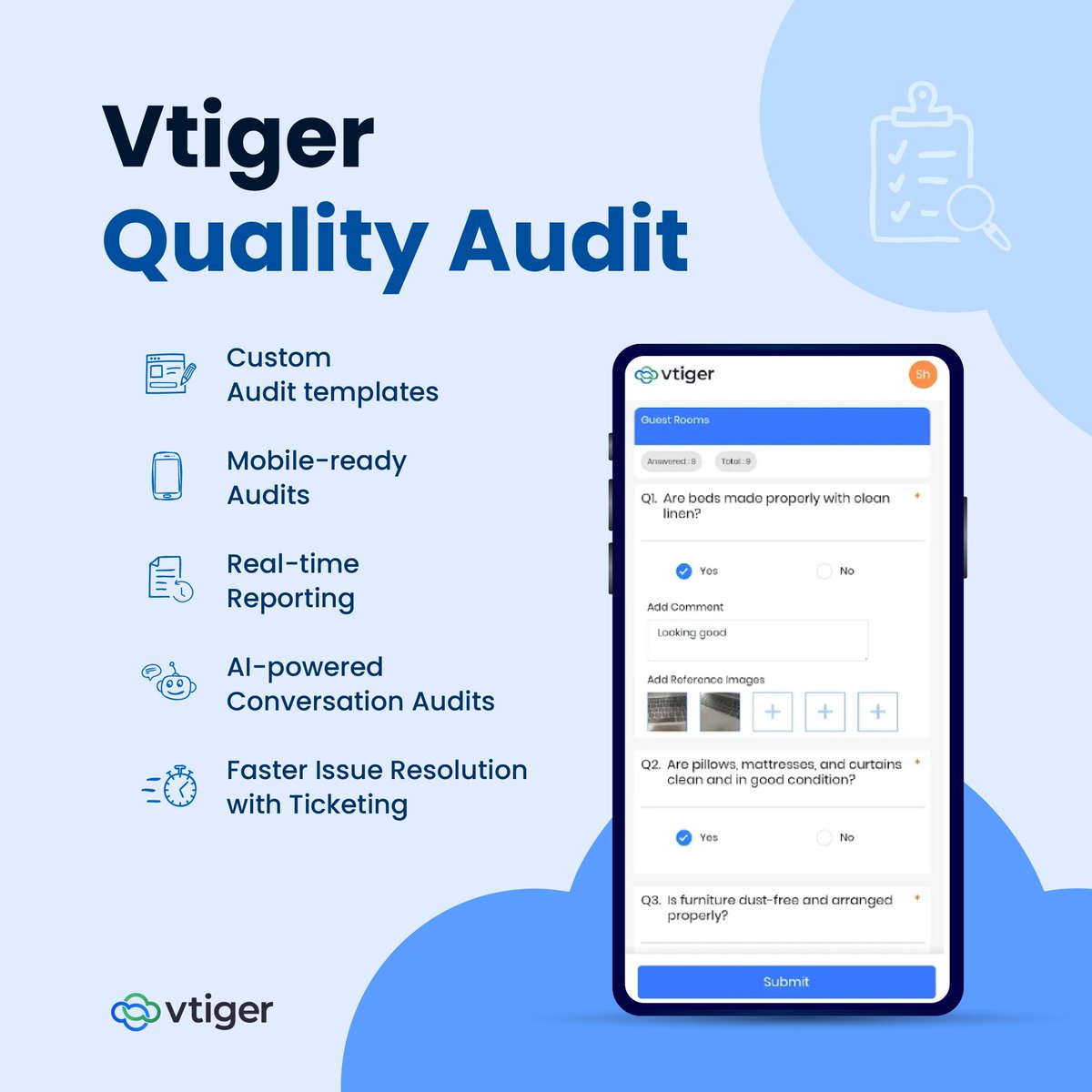vtigercrm's tweet photo. Still managing audits on spreadsheets? 📋

With Vtiger Quality Audit, create custom audit templates, conduct mobile audits, capture proof with images/videos, and turn gaps into action with tickets, all in one platform.

Explore more: https://t.co/Xt8THhZU0k

#QualityAudit #CRM https://t.co/o0VmaAmIgP