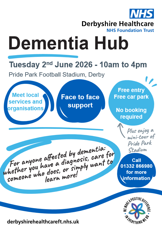derbyshcft's tweet photo. Join us at the Dementia Hub – a free event for anyone affected by dementia, including those with a diagnosis, carers, or anyone wanting to learn more.

Tuesday 2 June, 10am-4pm at Pride Park Stadium, Derby.

No booking required. https://t.co/bRcrVwKr7i