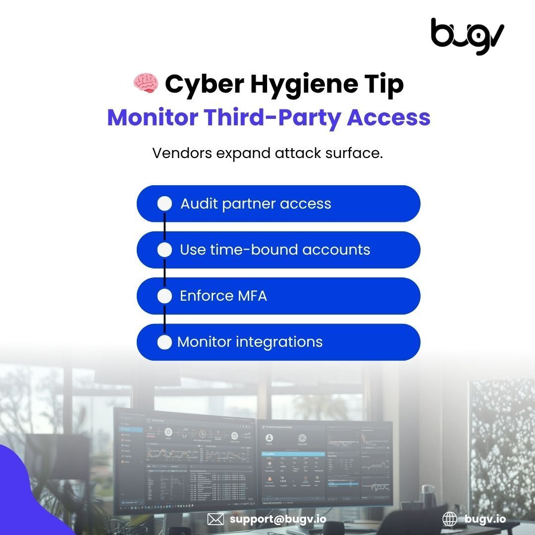 bugvsecurity's tweet photo. Cyber Hygiene Tip: Monitor Third-Party Access.

Your vendors and partners may have access to your systems and every integration is a potential entry point for attackers. 

#CyberHygiene #ThirdPartySecurity #Bugv #Cybersecurity #InfoSec #MFA #VendorRisk #BugBounty https://t.co/r4383UbOEx