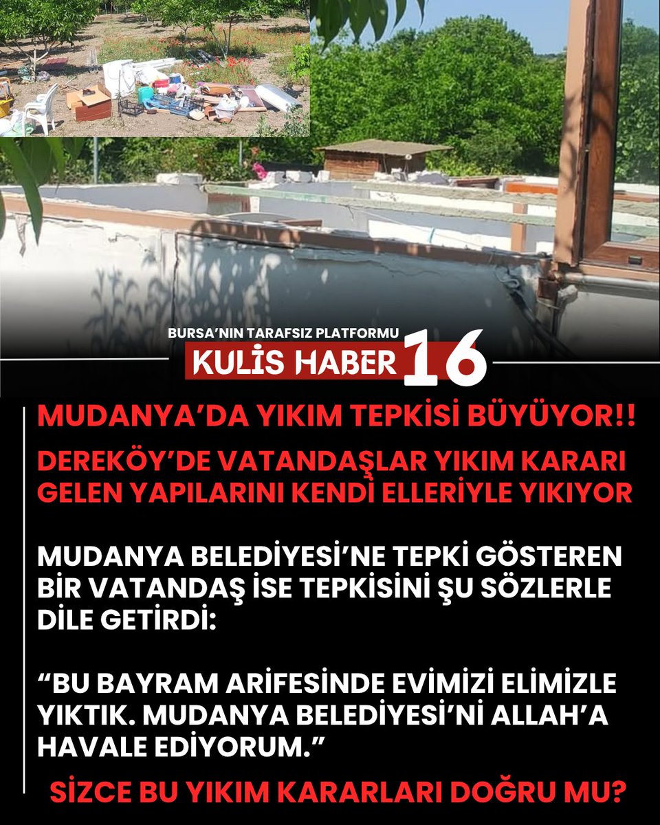 kulishaber16's tweet photo. Mudanya Dereköy’de vatandaşlar yıkım kararı gelen yapılarını kendi elleriyle yıkıyor.

Türkiye genelinde hobi bahçeleri ve imar düzenlemeleri tartışılmaya devam ediyor.

Sizce bu kararlar doğru mu?

#hobibahçeleri #mudanya #dereköy https://t.co/TmsG2hUFiY