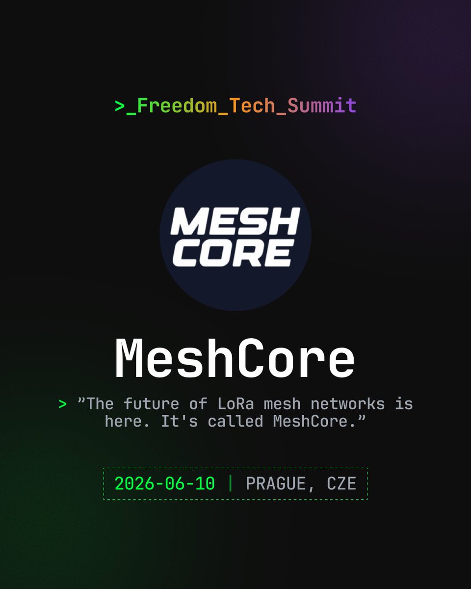 FreedomTechSum's tweet photo. Become part of the fastest-growing mesh network. 

The future of LoRa is here: @mesh_core - secure, decentralised, off-grid comms with no towers and no off switch.

Grab a LoRa device from our ticket eshop and we will flash it live at #FreedomTechSummit 📡 https://t.co/Wmq1LMURNX