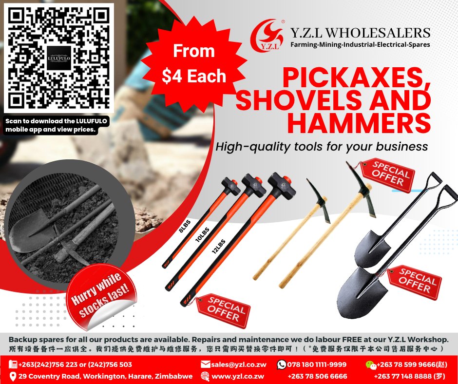 YWholesalers's tweet photo. 👷WHOLESALE PRICES ON ALL PICKAXES, HAMMERS AND SHOVELS AT Y.Z.L WHOLESALERS‼
#welding #platecompactors #porkervibrators #electricmotors #pickaxes #shovels #compressors #winches #concretemixers #concretecutters #chickenpluckers #dieselengines #blowers #hammers #wheelbarrows https://t.co/gVgfgSecbO