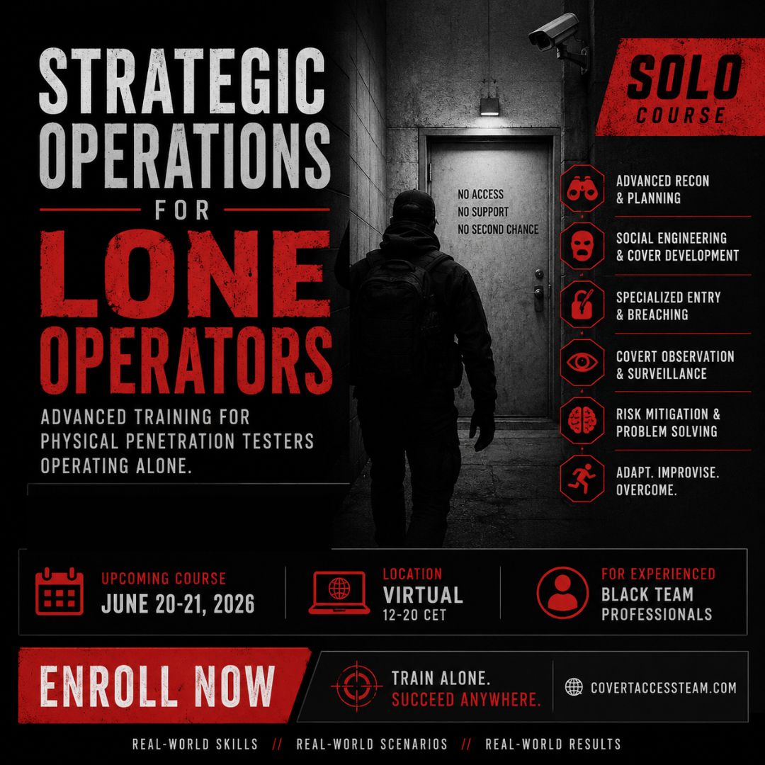 Covert_Access's tweet photo. Most physical pentest training assumes you have a team. What if you’re running solo?

Our SOLO course is built specifically for experienced black teamers who need to plan, execute, adapt &amp; problem-solve entirely on their own in high-pressure environments: https://t.co/Ddib2tN5Ze https://t.co/Q1516eCfmV