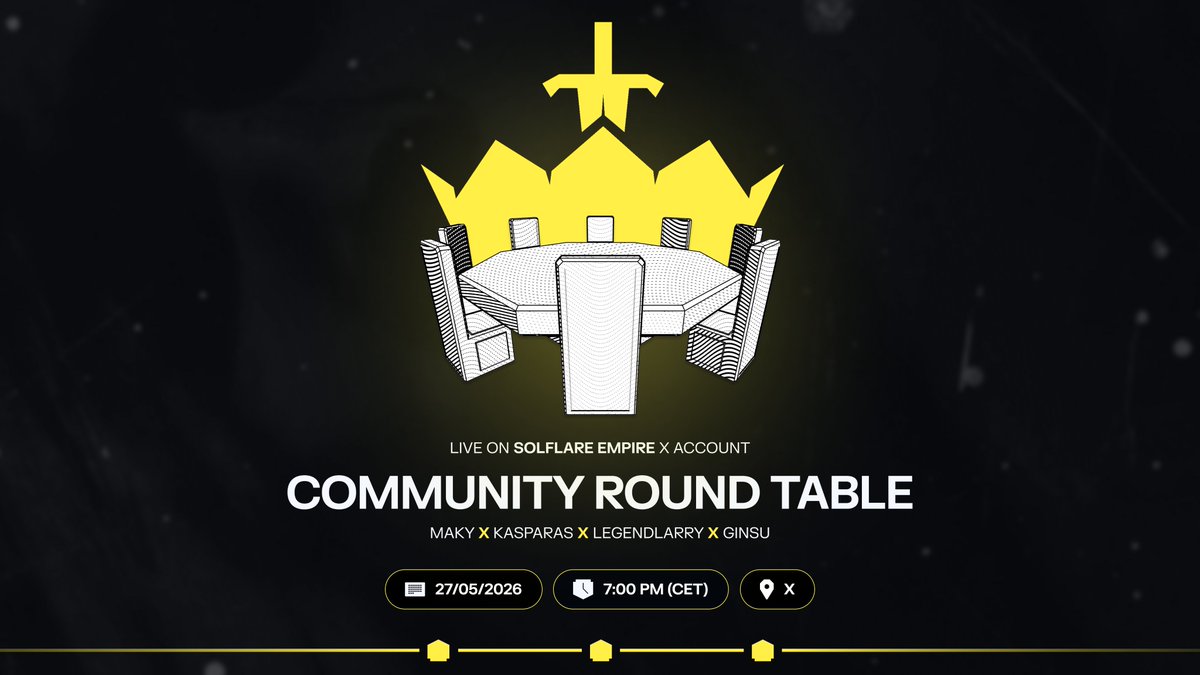 SolflareEmpire's tweet photo. The Emperors of the Solflare Empire are ready to sit down with the people of greatest Solana community.

Instead of the usual Wednesday workshop, it's time for our monthly update from the Community Team.

@Solflare updates, community alphas &amp; more.

📅 Tomorrow, 7PM CET, on X. https://t.co/OGPUqSsQgo