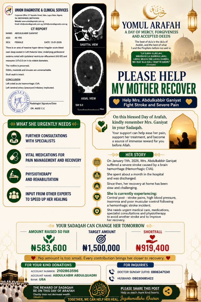 Premier_100's tweet photo. #HelpSaveMrsAbdulkabir 🤍

My mother suffered a severe hemorrhagic stroke earlier this year, and since then, life has completely changed for our family. She is currently battling severe post-stroke pain, high blood pressure, insomnia, and difficulty with movement and muscle control.

We have done everything within our capacity, but the cost of medications, consultations, physiotherapy, and continued treatment has been overwhelming.

On this blessed Day of Arafah, I humbly ask for your Sadaqah, support, prayers, and even a repost. No amount is too small, and every single contribution brings her one step closer to recovery.

May Allah reward every helping hand abundantly. 🤲🏽

Acct Number: 2102863596
Acct Name: Abdulkabir Abdulquadri
Bank: UBA