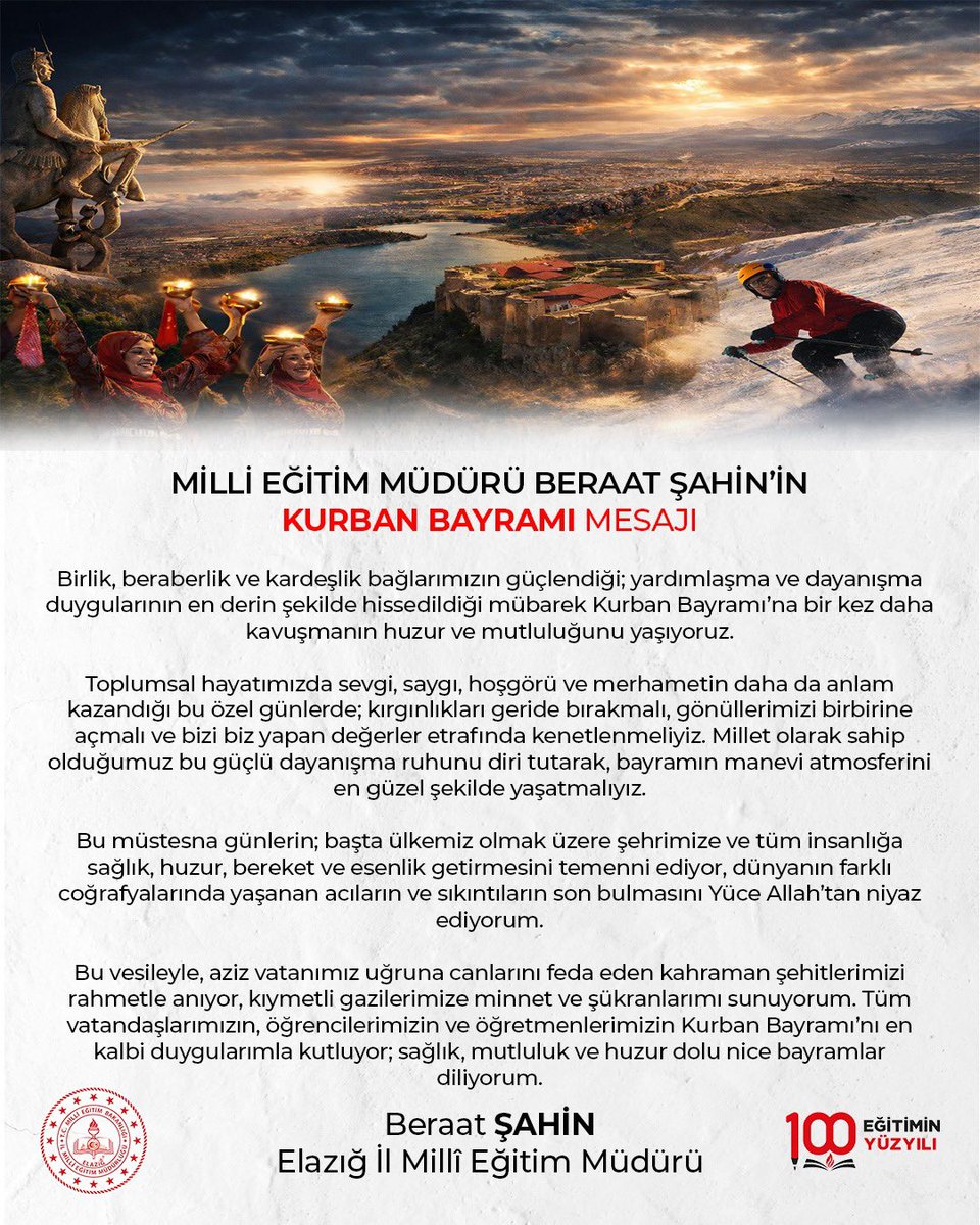 elazigmem's tweet photo. Milli Eğitim Müdürümüz Sayın Beraat ŞAHİN’in Kurban Bayramı Mesajı @tcmeb @SahinBeraat #elazığ https://t.co/bNPn6y6p93