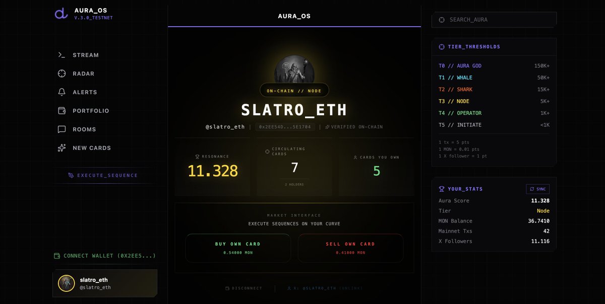 slatro_eth's tweet photo. AURA_OS V3 is now live on Monad Testnet! 💜

I wanted to build something that feels less like a basic dApp and more like a real SocialFi command center.

Fast interactions. On-chain identity. Live social signals and token gated communication.

Big respect to @buildanythingso for pulling me into vibe coding. It changed how I think about building completely.

You can join here: https://t.co/XwgUERLUL6

A terminal style interface that actually feels alive.

Built from scratch on @monad_xyz with:

>_ Aura Score based identity minting
>_ On-chain tier badges
>_ Bonding-curve key/card trading
>_ Secure tipping and signal likes
>_ Global async comments and reposts
>_ Real-time alerts for trades, broadcasts and interactions
>_ Token-gated chat rooms
>_ Privy + Wagmi session protection for wallet hot-swaps

Aura connects smart contracts, social data, global sync logic, caching, wallet state, and a polished UI into one live testnet product.

Monad makes this kind of fast, premium Web3 social experience feel natural.

Aura is live. Go broadcast your signal to the grid!