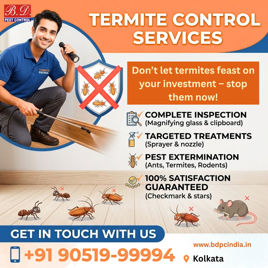 bdpcindia's tweet photo. 🐛 Termites are chewing through Kolkata homes faster than the monsoon!
Get a FREE termite inspection from the city’s most trusted experts. 👉 https://t.co/QKdunjrLl6
#TermiteControlKolkata #BDPestControl #HomeSafety https://t.co/Uh1tp754Z5