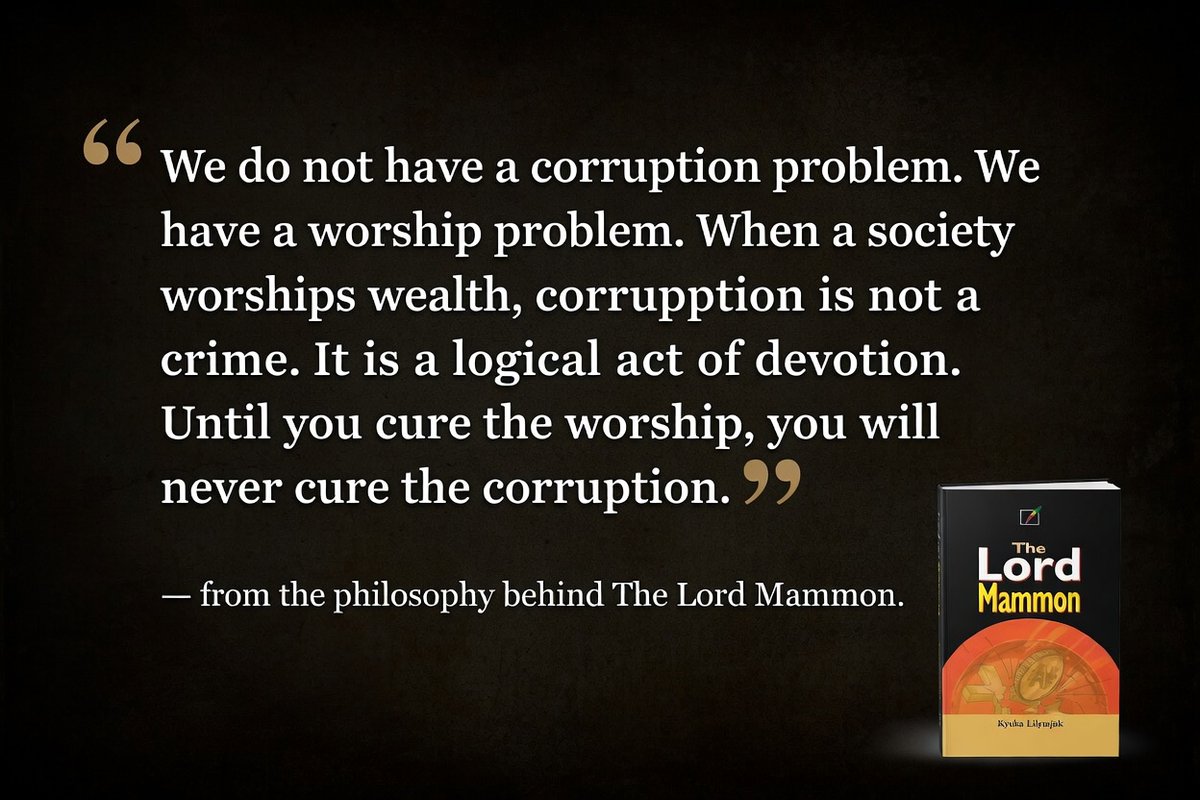 kyukabooks's tweet photo. " We do not have corruption problem. We have a worship problem. When a society worship wealth, corruption is not a a crime. It is a logical act of devotion. Until you cure the worship, you will never cure the corruption." https://t.co/fH6d1I7OKn