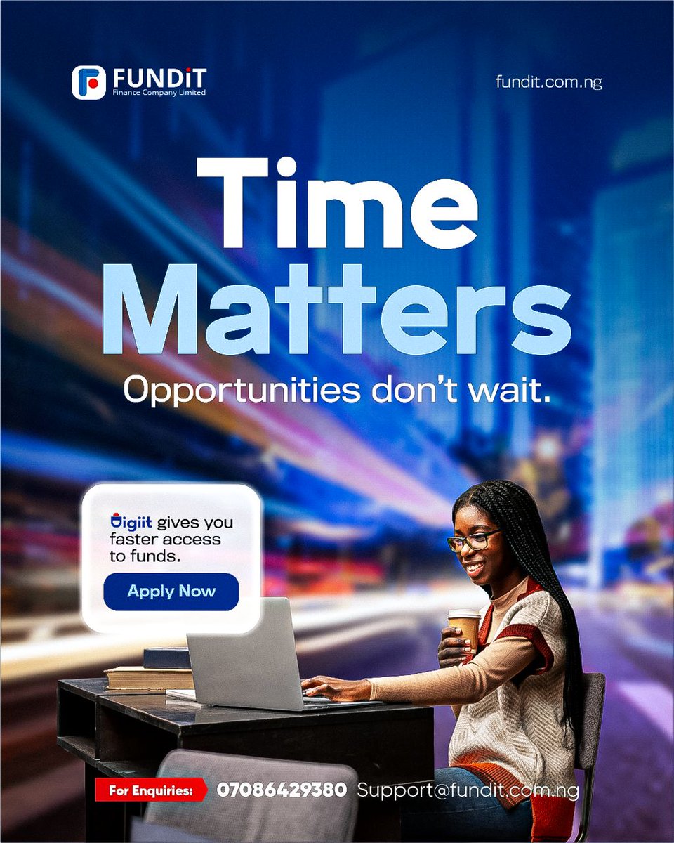 FUNDiTFinancial's tweet photo. Opportunities don’t wait. Why should you? ⏳

Digiit gives you faster access to funds so you can act when it matters most. 💙

Apply now.
#FUNDiT #Digiit #TimeMatters https://t.co/B0bgtBeSKo