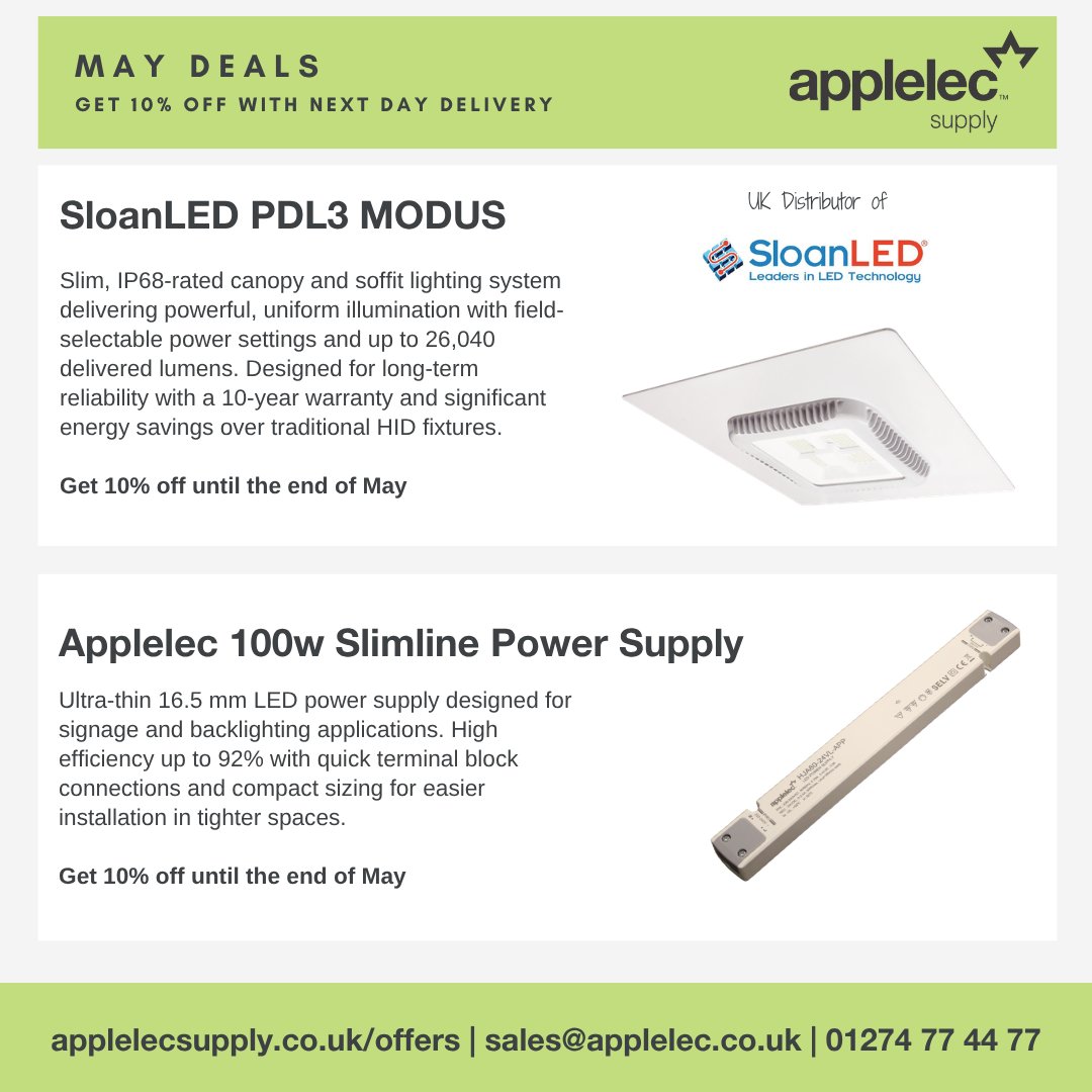 Applelec's tweet photo. May's offers from Applelec Supply include 10% off:

✔ SloanLED PDL3 MODUS
✔ Applelec 100W Slimline Power Supply
✔ GENLED AgiLight ULTRA Lyte 2
✔ SloanLED VL4 6500K

https://t.co/mNIYSXDgYd

#Signage #LEDModules #ChannelLetters #Lightboxes https://t.co/RoKfBjxxAY