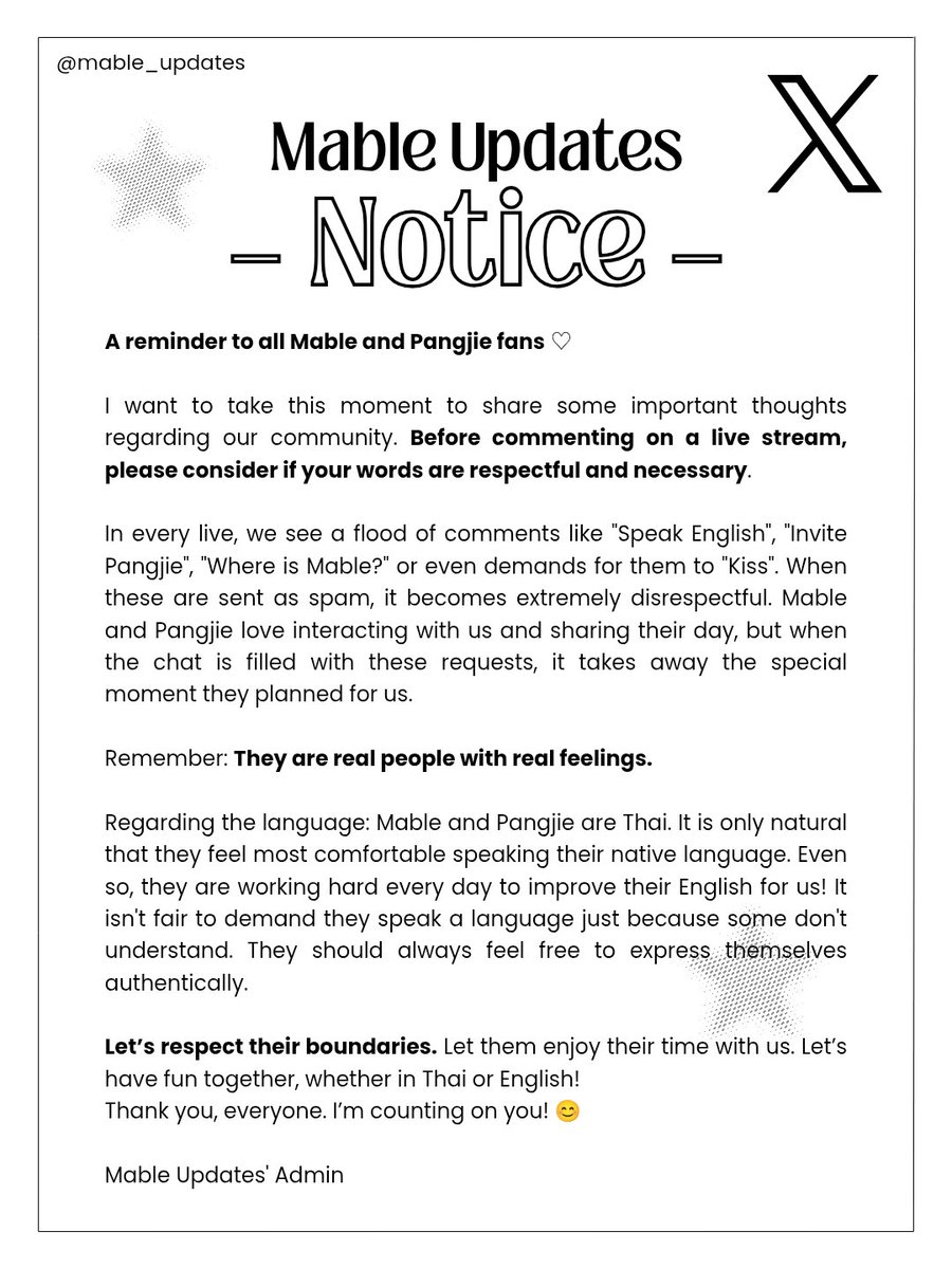 mable_updatesx's tweet photo. A reminder to all Mable and Pangjie fans 🤍

Before commenting on a live stream, please consider if your words are respectful and necessary.
​
​Let’s always respect their boundaries 🙏🏻
#mable_siriwalee #blejie https://t.co/NZtjkaRvyJ