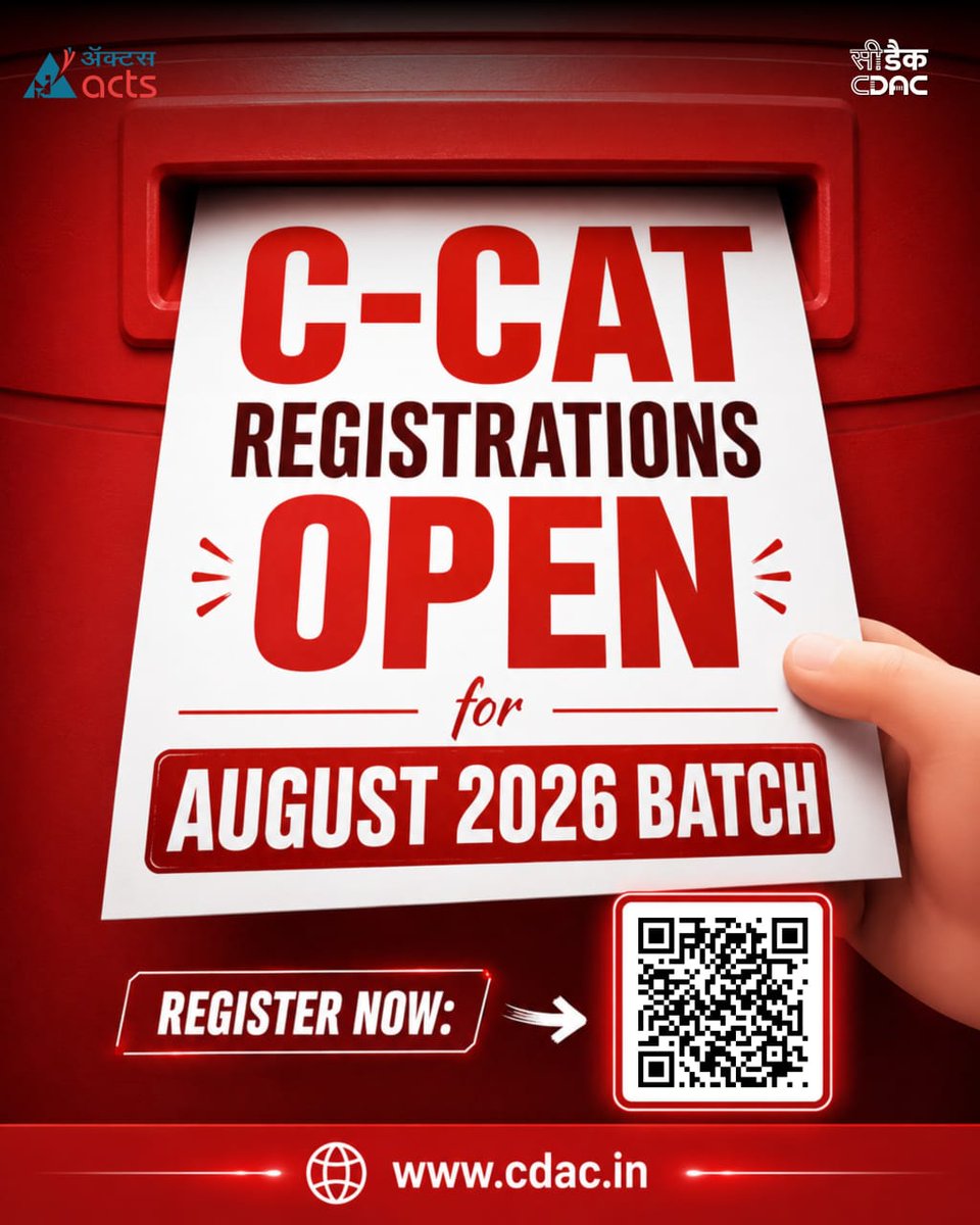 cdactvm's tweet photo. Registrations for C-DAC C-CAT exams are open now.

Choose your tech careers with C-DAC

🗓️ Important Dates:
✅ Online Applications: 26 May – 23 June 2026
✅ C-CAT Exam Dates: 4 &amp; 5 July 2026
✅ Course Commencement: 24 August 2026

85478 82754, 0471-2781500
stdc@cdac.in https://t.co/AhUXFnl6nh