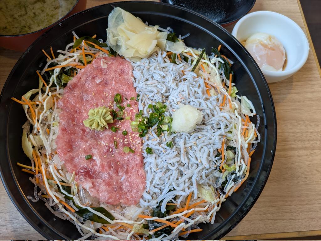 わしが以前食べたしらす丼。生物苦手だから釜揚げアンドネギトロ。