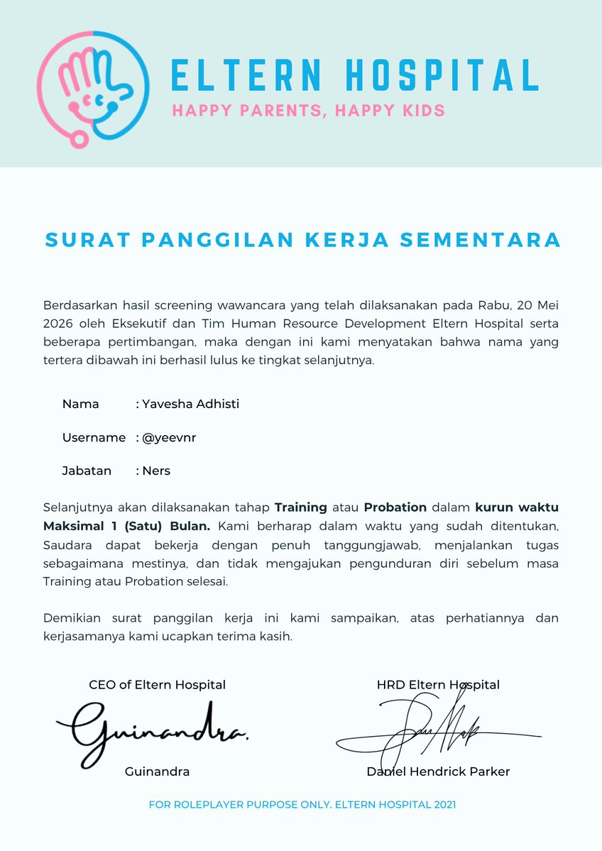 ElternOpis's tweet photo. ㅤㅤ

📩

To : Yavesha Adhisti (@yeevnr)
From : Eltern Hospital Office
CC : Guinandra (@inyouf)
Elaine Danastri (@yourqkitten)
Daniel Hendrick Parker (@pxastri)
Subject : Surat Panggilan Kerja Sementara

ㅤㅤ https://t.co/xWfxCFKe1s