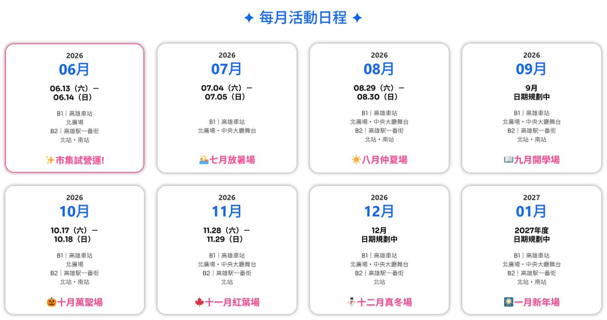 wsacgn's tweet photo. 📢 高雄動漫城｜六月試營運市集場次攤位募集中！ 
本次市集將於 2026.06.13（六）－06.14（日） 
在高雄車站北廣場及高雄駅一番街北站・南站舉辦。 
歡迎至報名頁查看詳細資訊並填寫報名表！ 
🔗 攤位報名頁： https://t.co/SLVKID47Zt https://t.co/YoifTrG1J5