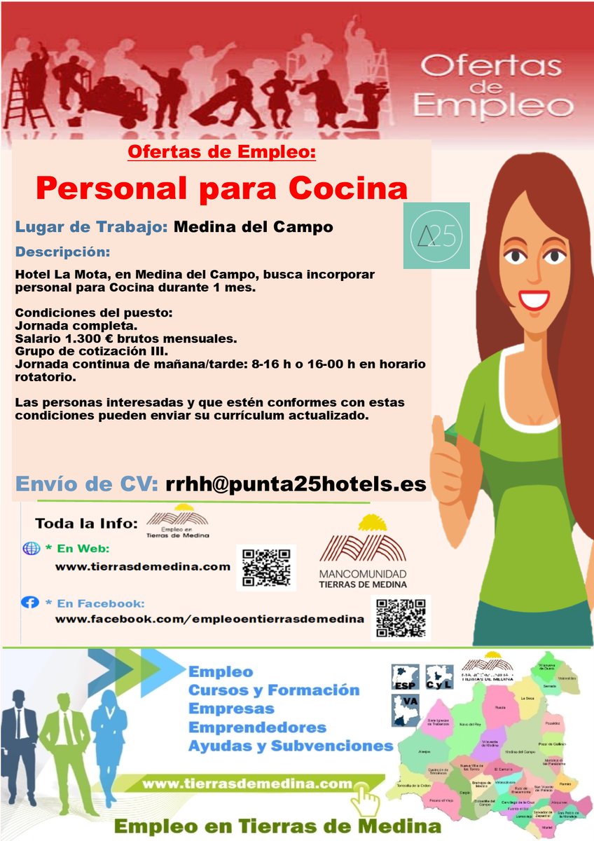 TierrasdeMedina's tweet photo. Ofertas de #Empleo: #Personal para #Cocina en #MedinadelCampo

@Hotellamota, en Medina del Campo, busca personal para Cocina durante 1 mes

Salario 1.300 € brutos mensuales
Jornada continua de mañana/tarde: 8-16 h o 16-00 h en horario rotatorio

Envío CV: rrhh@punta25hotels.es https://t.co/zTHfM6kihq