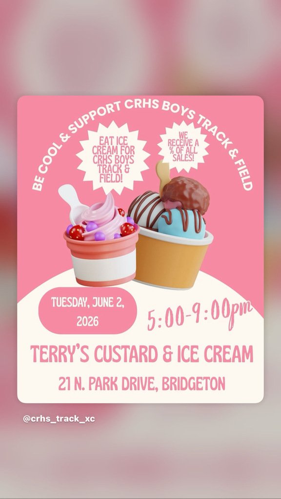 CRHSD's tweet photo. Treat yourself to some ice cream tonight at Terry’s Custard in Upper Deerfield. Come out between 5:00 and 9:00pm for the coolest, most delicious way to support Boys Track &amp; Field! #crhscoltnation https://t.co/FkuWDpPrvV