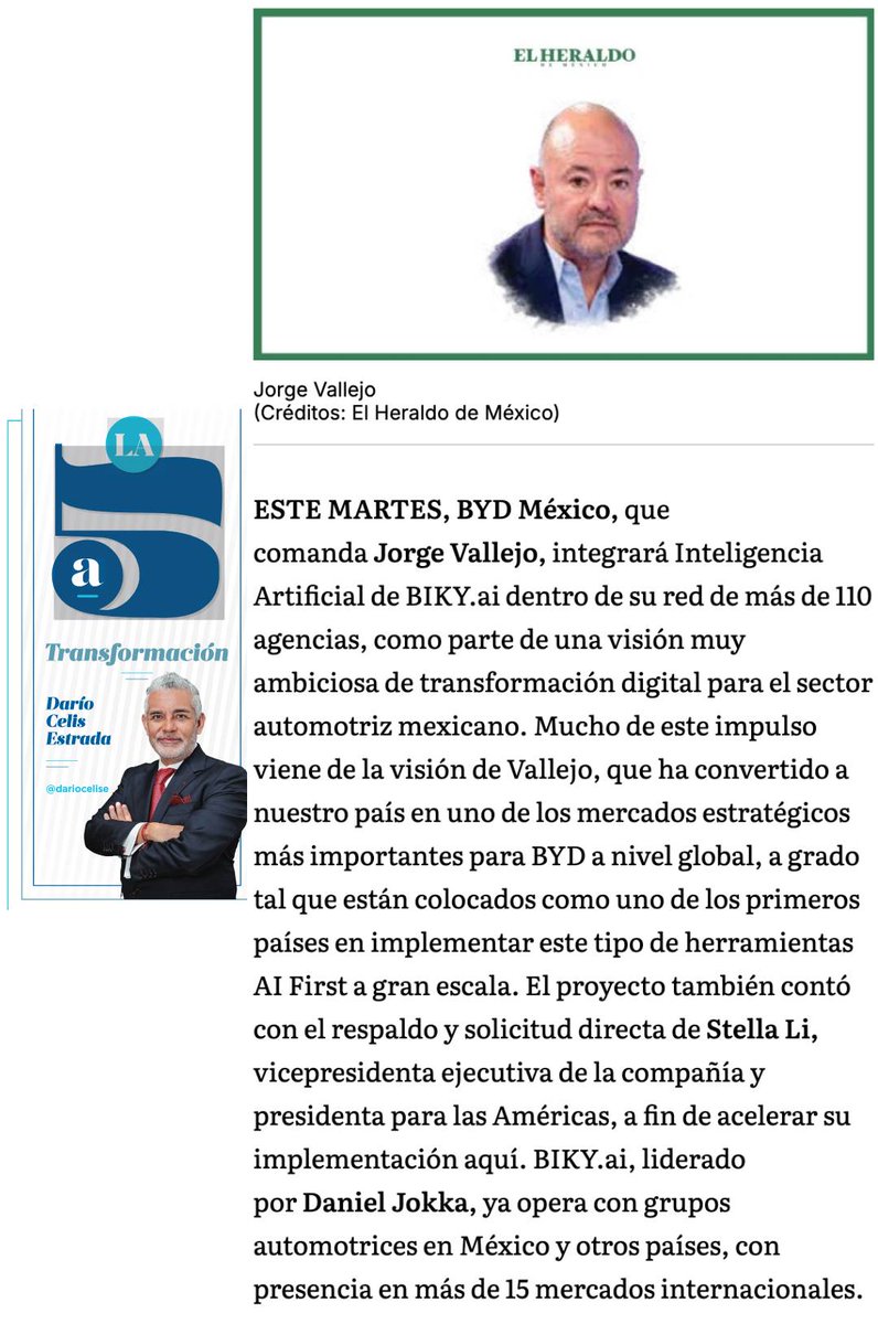 dariocelise's tweet photo. #LaQuintaTransformación
Este martes, BYD México integrará Inteligencia Artificial de BIKY. ai dentro de su red de más de 110 agencias, como parte de una visión muy ambiciosa de transformación digital para el sector automotriz mexicano.
https://t.co/VBgeMT44fs https://t.co/ChNmIe5dqI