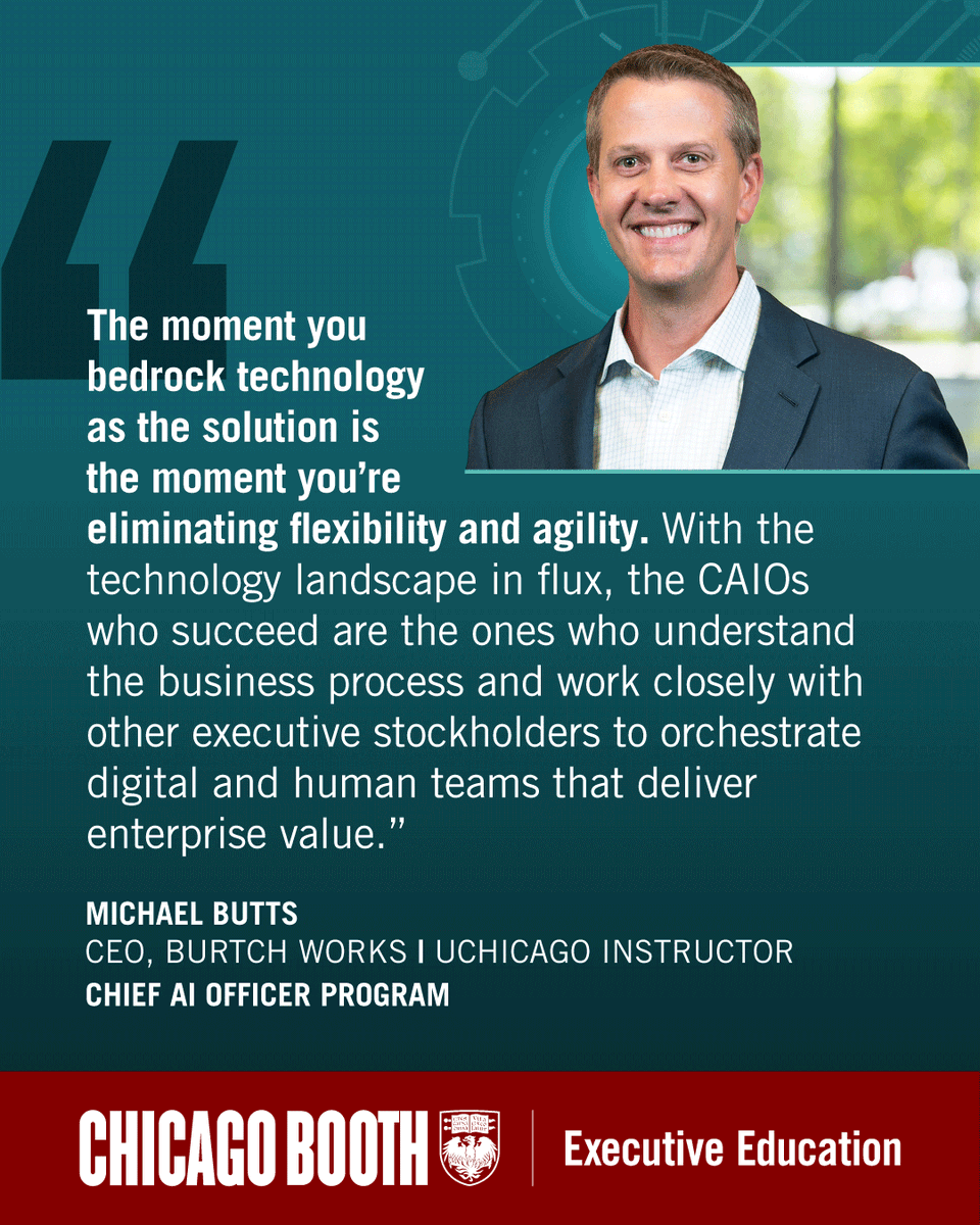 UChicagoProf's tweet photo. While the technology and the infrastructure will keep evolving, what won’t change is the need for a leader who can translate what AI makes possible into what a specific business truly needs.

Read the full article:

https://t.co/F0KEl2hMtc
 
#CXO #ChiefAIOfficer #CAIO #AI https://t.co/jzraePv6Lu