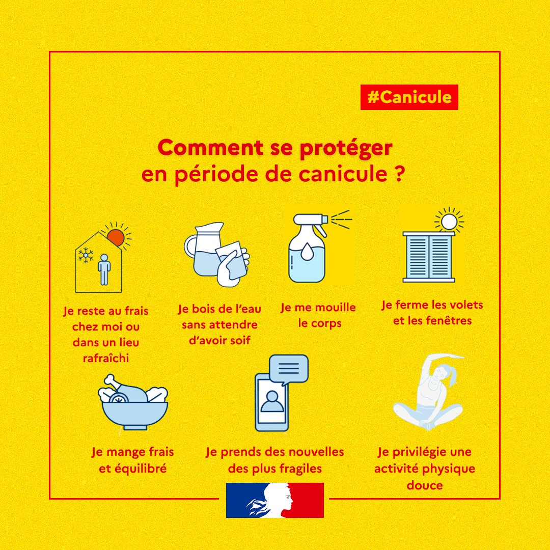 Prefecture50's tweet photo. #FortesChaleurs 🥵 

Les épisodes de fortes chaleurs présentent un risque pour l’ensemble de la population. Fatigue, sueurs abondantes, nausées, maux de tête, vertiges, crampes, déshydratation, coup de chaleur... Les risques sur votre santé peuvent survenir dès les premiers jours de chaleur. Des gestes simples permettent d’éviter les accidents. Il faut se préparer AVANT les premiers signes de souffrance corporelle, même si ces signes paraissent insignifiants.

🤰Certaines personnes, en raison de leur état de santé (personnes âgées, jeunes enfants, femmes enceintes, personnes en situation de handicap) ou de leurs conditions de vie (personnes précaires, vivant dans des conditions d’isolement, travailleurs exposés à la chaleur…), sont particulièrement vulnérables aux conséquences sanitaires d’une vague de chaleur. 

🧓👶Les nourrissons, les jeunes enfants et les adultes surexposés à la chaleur sont particulièrement à risque de déshydratation.

Plus d'infos sur : https://t.co/Ytd6s7yFdj