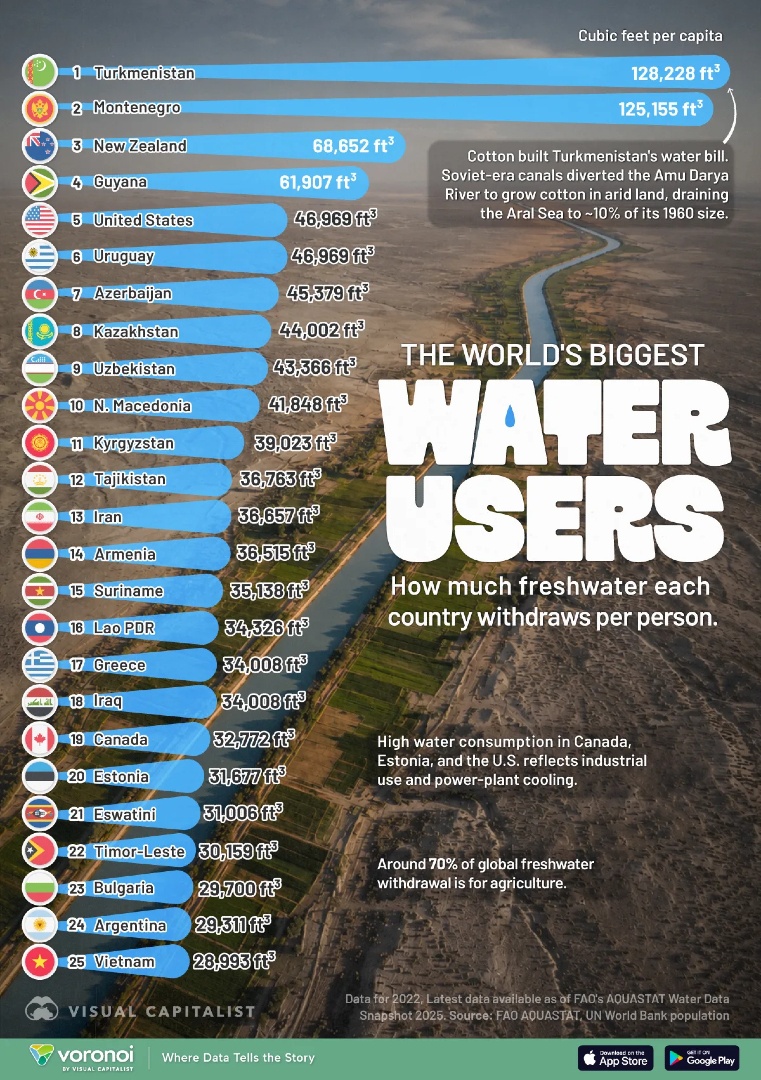 VisualCap's tweet photo. Ranked: Countries With the Highest Water Use Per Person 💧

https://t.co/AcDdgbISj4 https://t.co/mWN4ZrPn0r