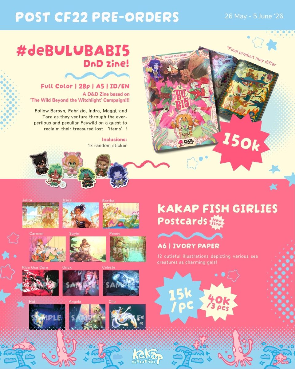 KakapStudio's tweet photo. rts appreciated! 𓆝 ⋆｡𖦹°‧🫧

our post #cf22 local mail orders are now open 🏖🌊🐟🐠 don't miss your chance to grab one of our FINtastic merch! 🎣

🗓 may 26 - june 5
💌 local only
💗 dnd, originals, fish
🔗https://t.co/uGdwuxHwhq

#comifuro22 #cf22catalogue https://t.co/8OgaxOhGuF