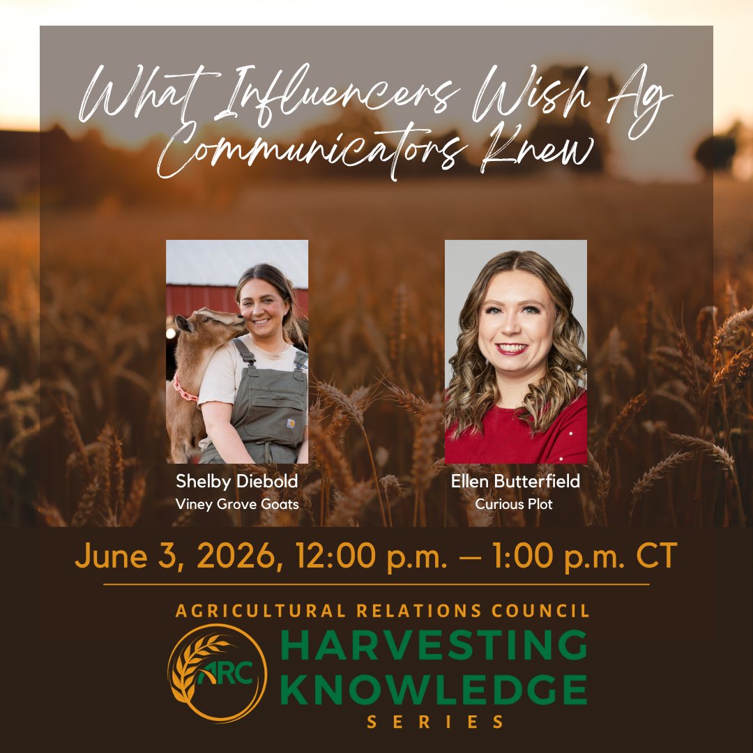 AgRelations's tweet photo. "What Influencers Wish Ag Communicators Knew"

June 3, 2026
12 PM CT

Join Shelby Diebold, Viney Grove Goats and Ellen Butterfield, @Curious_Plot to discuss tips for executing strong influencer partnerships.

Register:https://t.co/dhOJRVOO1L https://t.co/qI7wZNd0M4