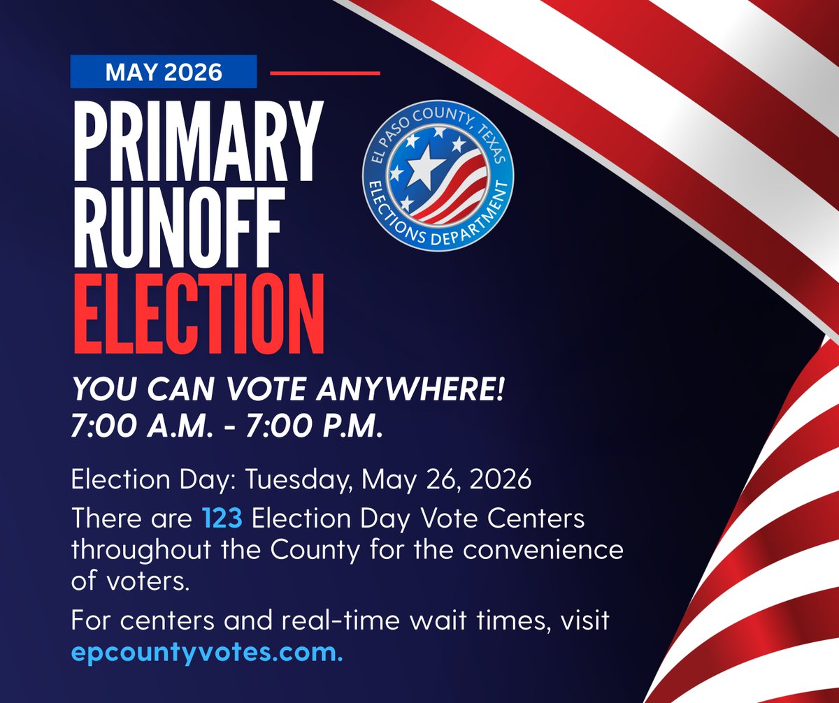 EP_Elections's tweet photo. #GoVoteEP
🗳️May 2026 Primary Runoff Election
📌It’s Election Day! Polls are open from 7 am – 7 pm
✅Vote at any of the 123 Election Day Vote Centers across El Paso County.
☑️To be election ready, visit https://t.co/MvrteJtA3z https://t.co/bD2sdP6G1Z