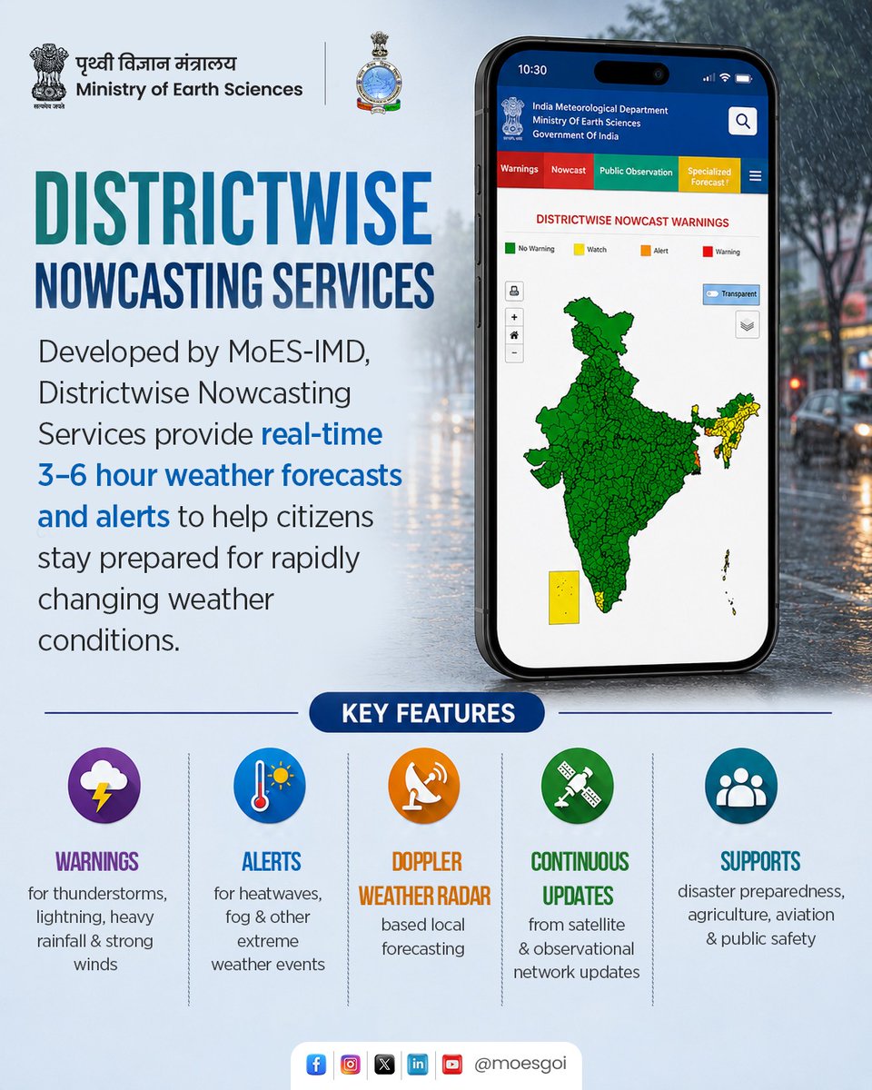 moesgoi's tweet photo. Districtwise Nowcasting Services are transforming weather preparedness across India with real-time 3–6 hour forecasts and alerts. 🌧️⚡

Developed by @moesgoi-@Indiametdept, the system helps citizens stay informed about thunderstorms, lightning, heavy rainfall, heatwaves, fog, and other rapidly changing weather conditions through continuous satellite, radar, and observational updates. 🇮🇳

#Nowcasting #IMD #MoES #WeatherAlerts #EarlyWarning

@narendramodi @mygovindia @PMOIndia @DrJitendraSingh @OfficeOfDrJS @PIBEarthScience @PIB_India @MIB_India @Ravi_MoES
