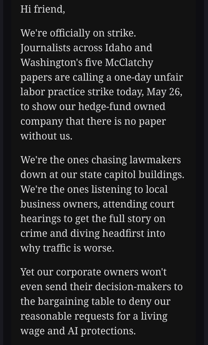 EclecticHutch's tweet photo. INBOX: Journalists at 5 McClatchy newspapers in Washington and Idaho (the Idaho Statesman, Bellingham Herald, Tri-City Herald, Tacoma News Tribune &amp; The Olympian) are calling a one-day strike today over wages and AI protections. That means no clicking on any links to their sites. https://t.co/kPodMh5z8X