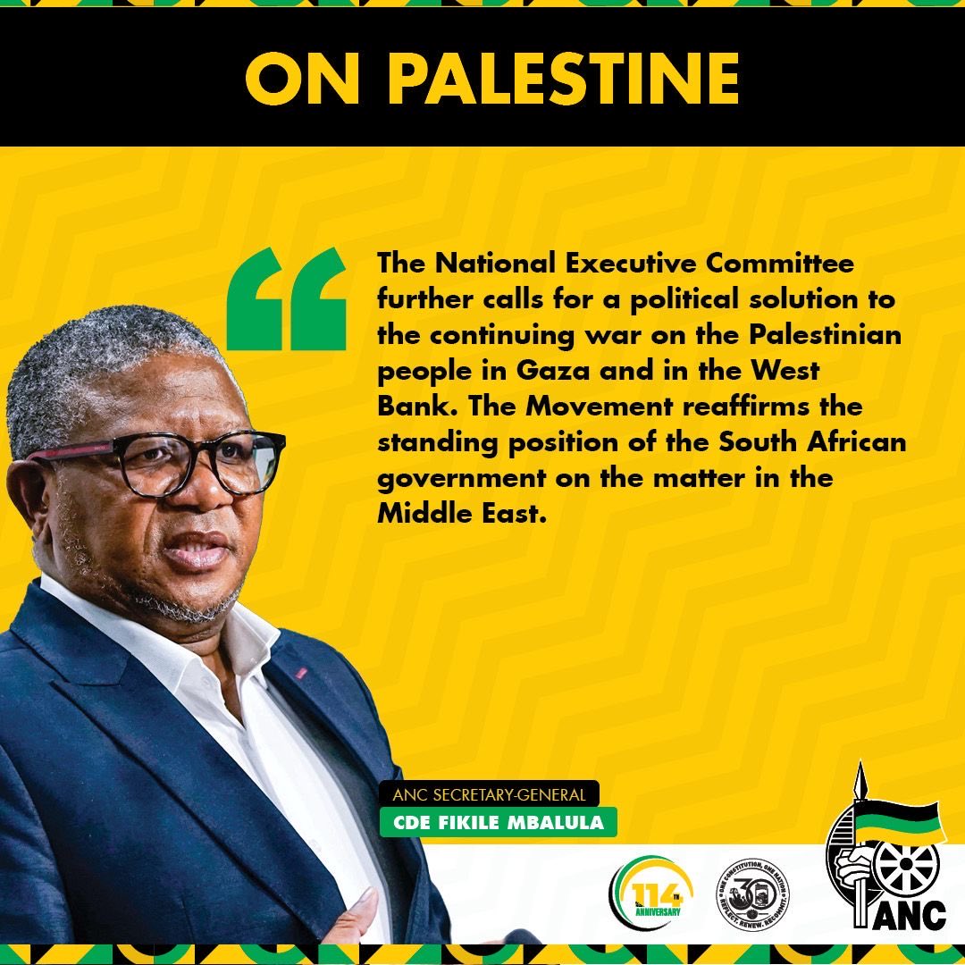 MbalulaFikile's tweet photo. THE PALESTINIAN QUESTION

The National Executive Committee further calls for a political solution to the continuing war on the Palestinian people in Gaza and in the West Bank. The Movement reaffirms the standing position of the South African government on the matter in the Middle East.

#PostNECbriefing 
#ANCmediaBriefing 
#YearOfDecisiveAction