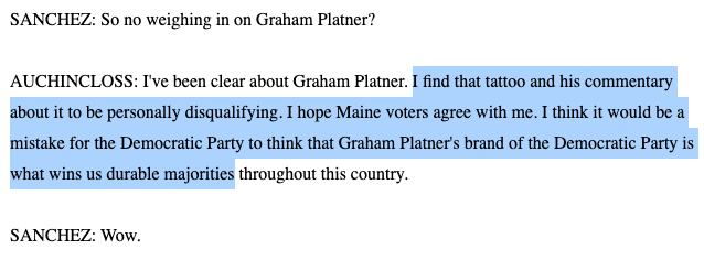 AaronBlake's tweet photo. Democratic Rep. Jake Auchincloss (Mass.) to @Boris_Sanchez on Graham Platner:

"I find that tattoo and his commentary about it to be personally disqualifying. I hope Maine voters agree with me." https://t.co/rxwbsV89EQ