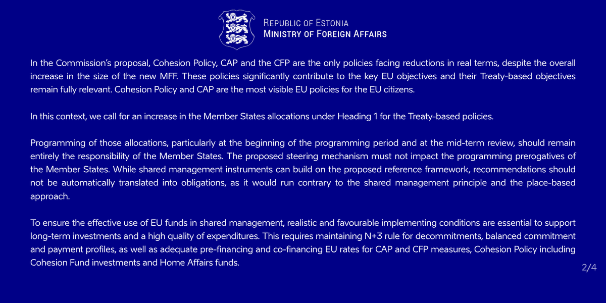 Tsahkna's tweet photo. Estonia, together with 15 other countries of the Friends of Cohesion Group, agreed on a joint declaration on the next EU Multiannual Financial Framework 2028–2034 #MFF.

A stronger, safer and more competitive Europe needs financing that matches today’s geopolitical realities. https://t.co/bVDJVdVodO